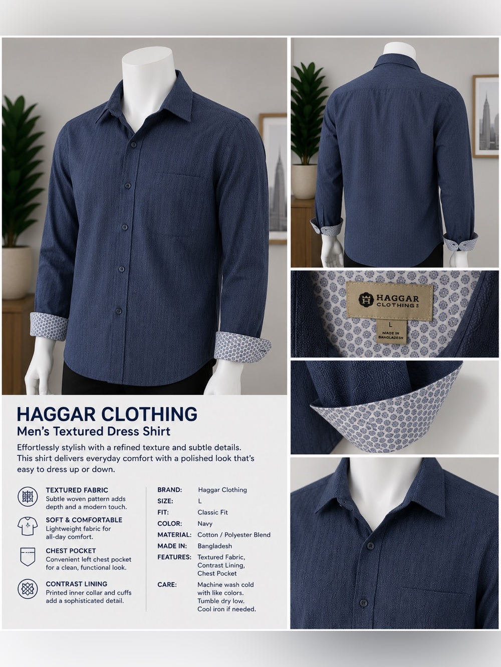 Dress Shirt Haggar Navy Textured Classic Fit